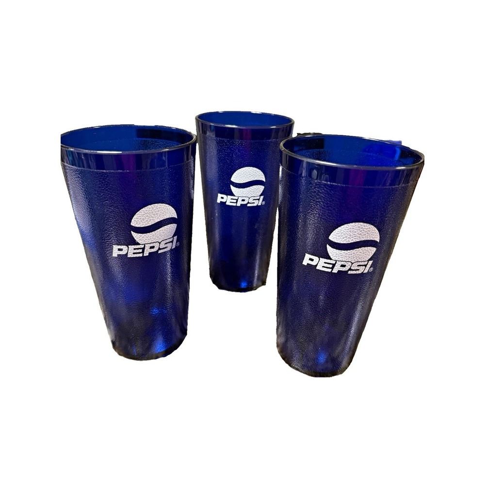 Pepsi Logo Blue & White Drinking Glass Tumblers Set of (3) 32oz Soda Cups